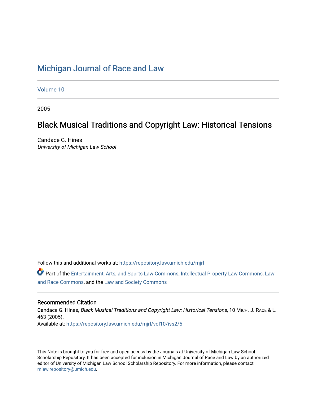 Black Musical Traditions and Copyright Law: Historical Tensions