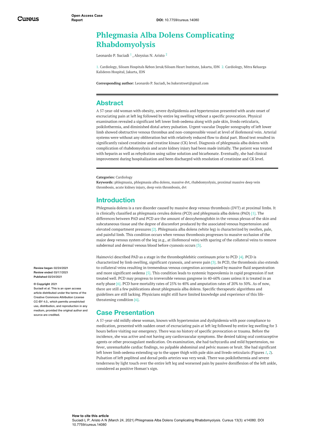 Phlegmasia Alba Dolens Complicating Rhabdomyolysis