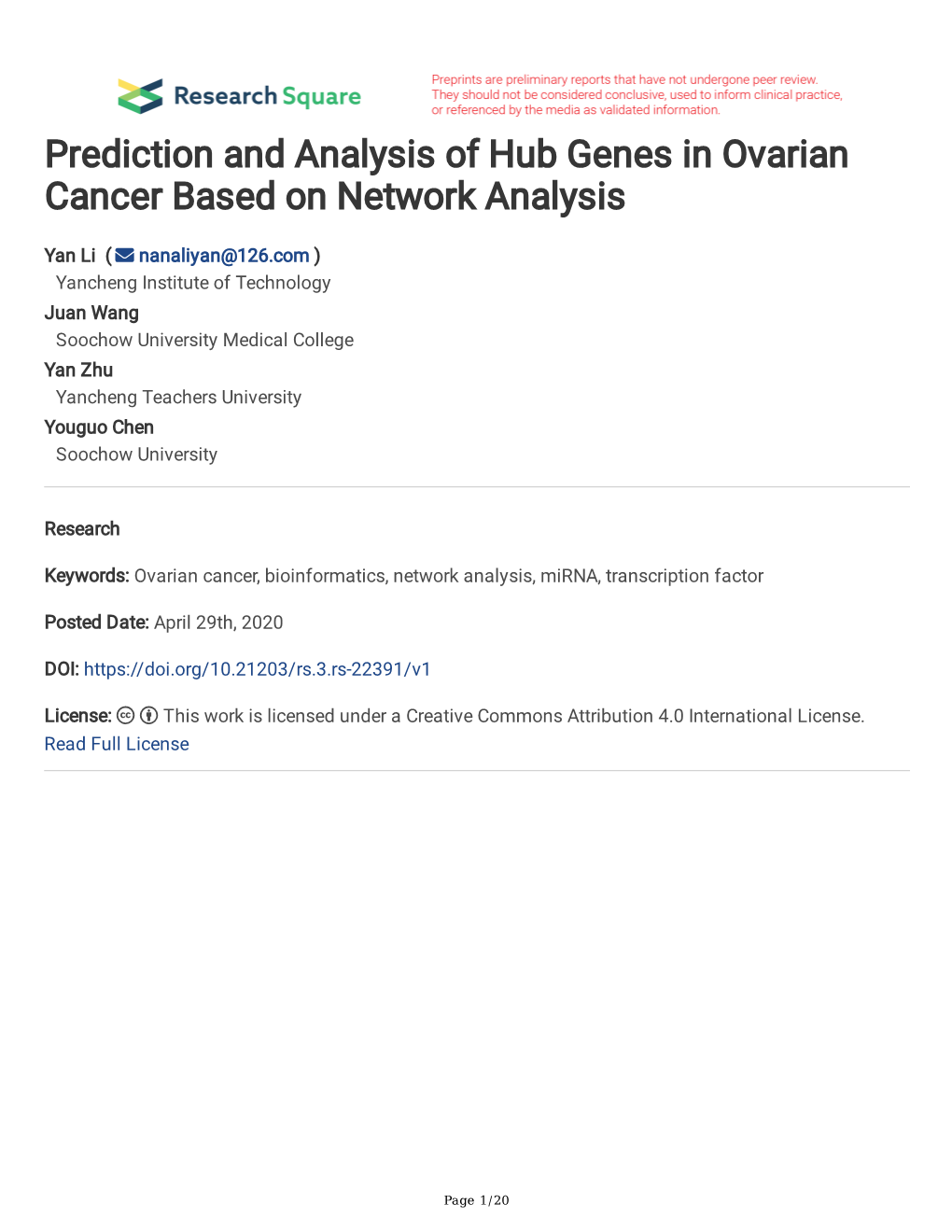 Prediction and Analysis of Hub Genes in Ovarian Cancer Based on Network Analysis