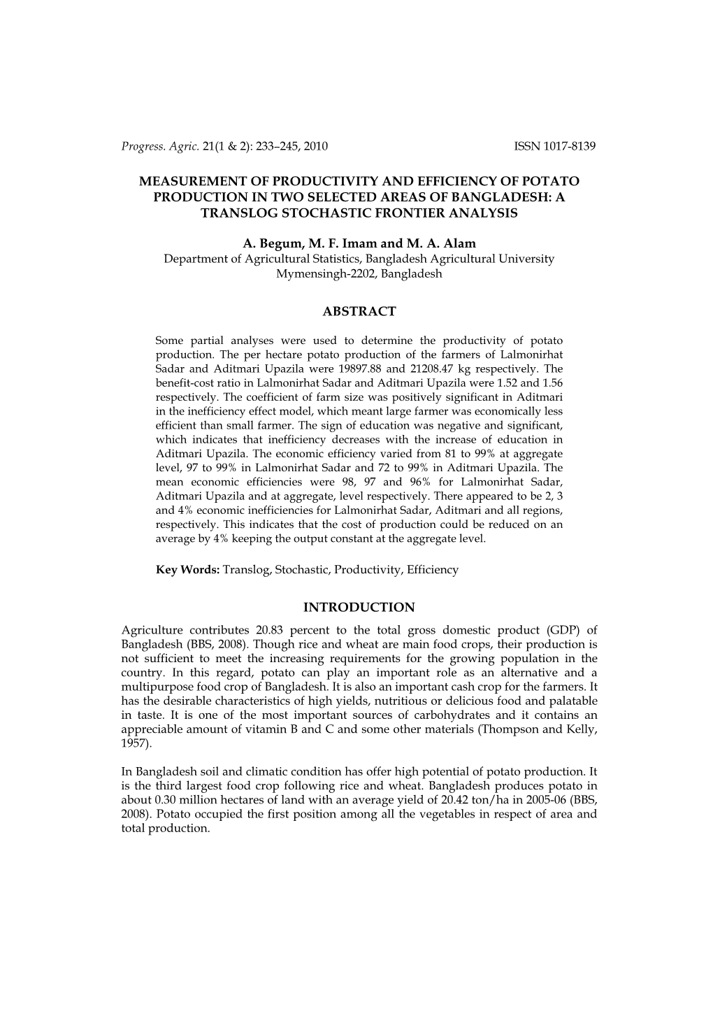 Measurement of Productivity and Efficiency of Potato Production in Two Selected Areas of Bangladesh: a Translog Stochastic Frontier Analysis