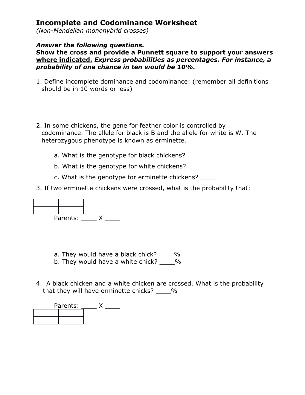 Incomplete and Codominance Worksheet