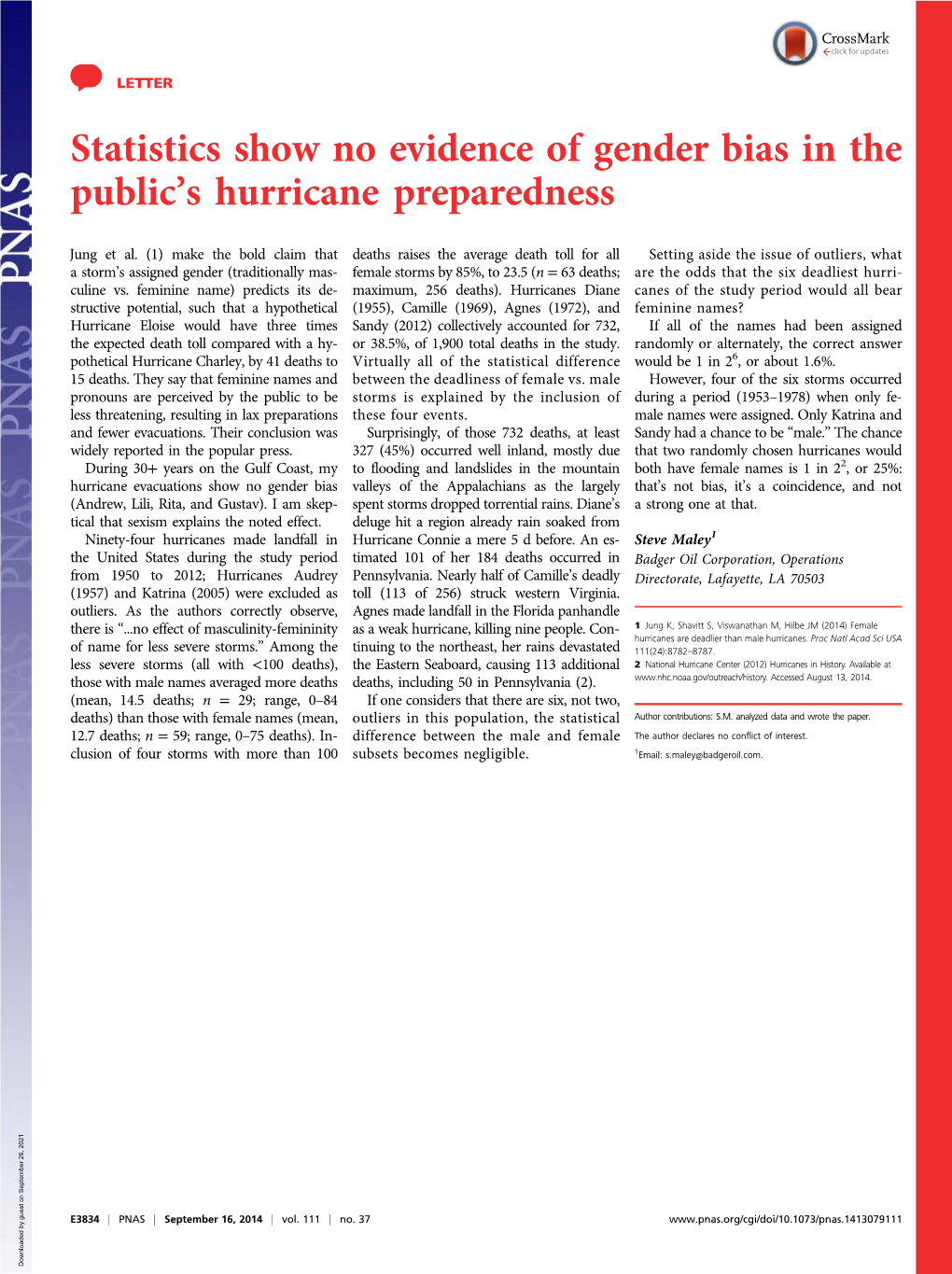 Statistics Show No Evidence of Gender Bias in the Publicls Hurricane