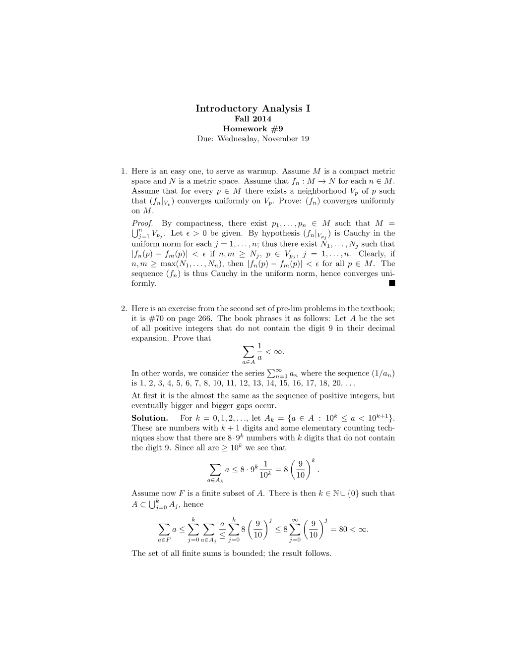 Introductory Analysis I Fall 2014 Homework #9 Due: Wednesday, November 19