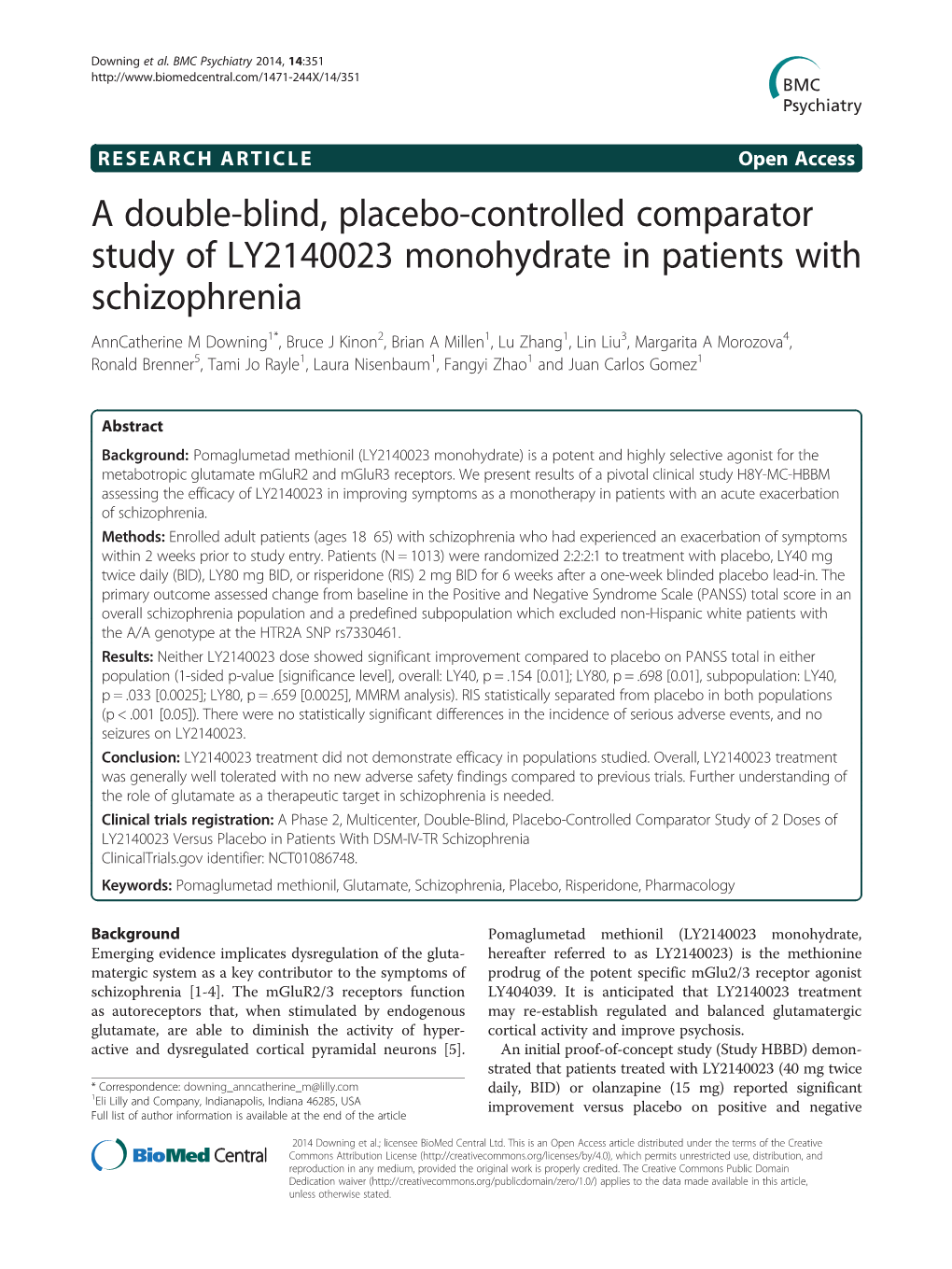 A Double-Blind, Placebo-Controlled Comparator Study of LY2140023