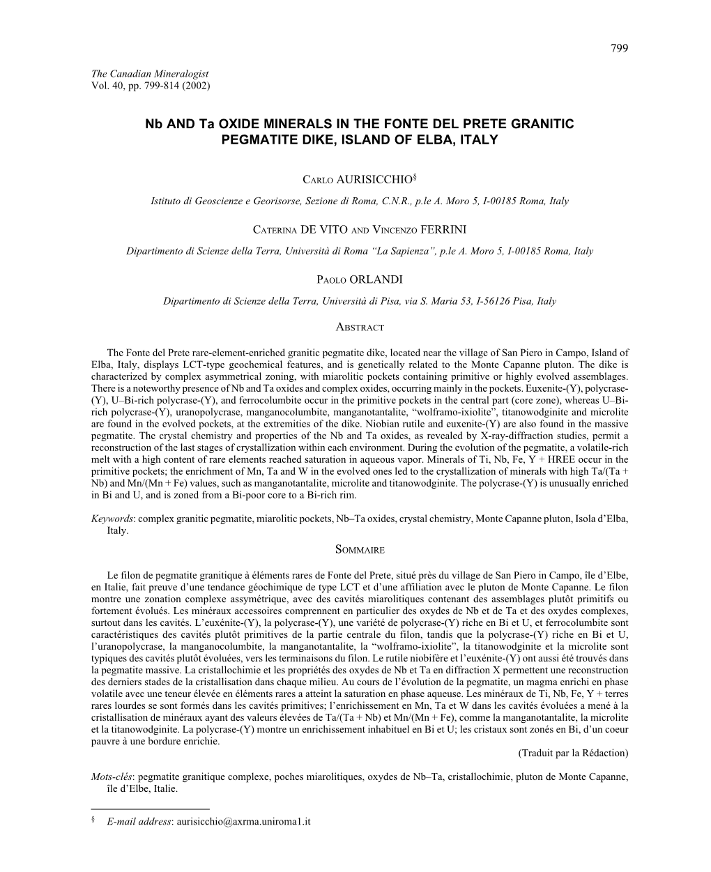 Nb and Ta OXIDE MINERALS in the FONTE DEL PRETE GRANITIC PEGMATITE DIKE, ISLAND of ELBA, ITALY