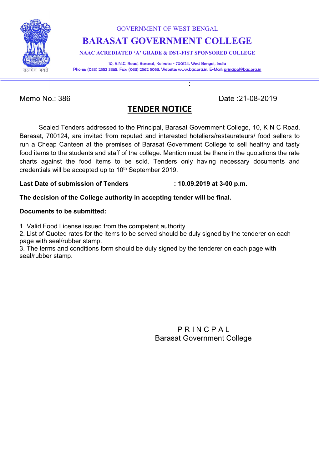 Barasat Government College Tender Notice