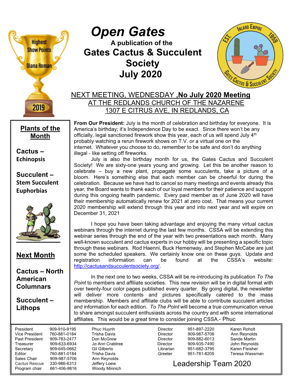 Open Gates a Publication of the Gates Cactus & Succulent Society July 2020