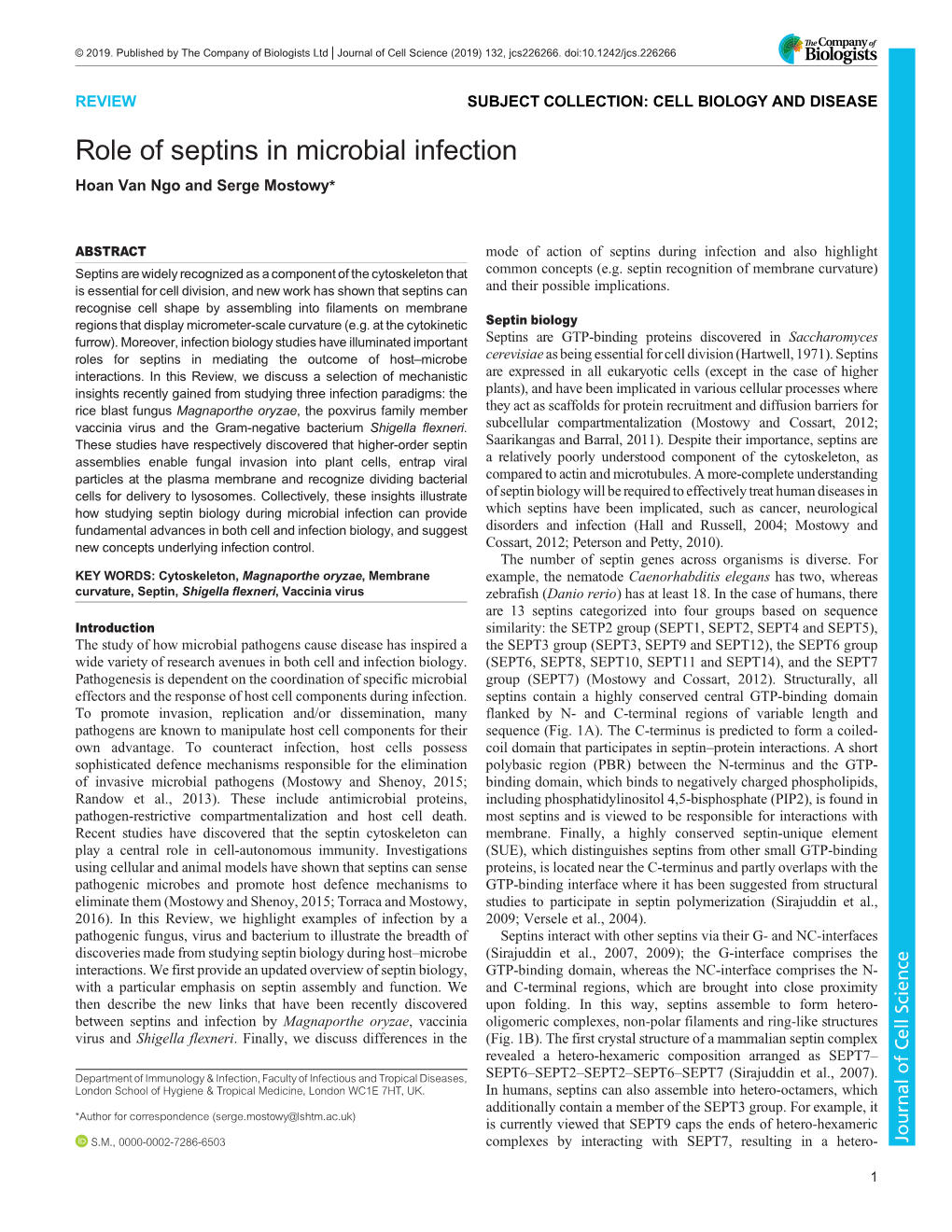 Role of Septins in Microbial Infection Hoan Van Ngo and Serge Mostowy*