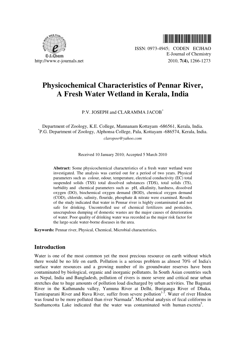 Physicochemical Characteristics of Pennar River, a Fresh Water Wetland in Kerala, India