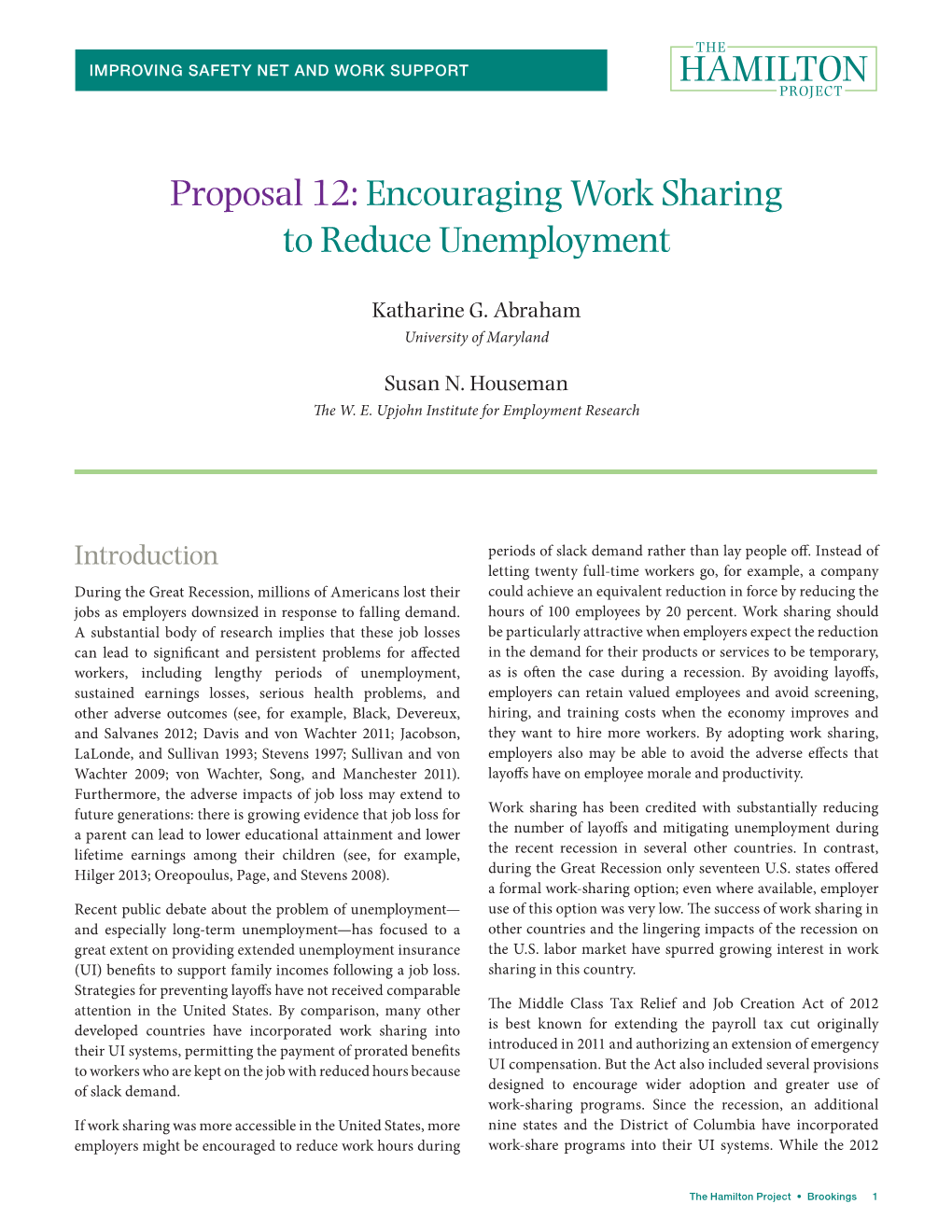 Proposal 12: Encouraging Work Sharing to Reduce Unemployment