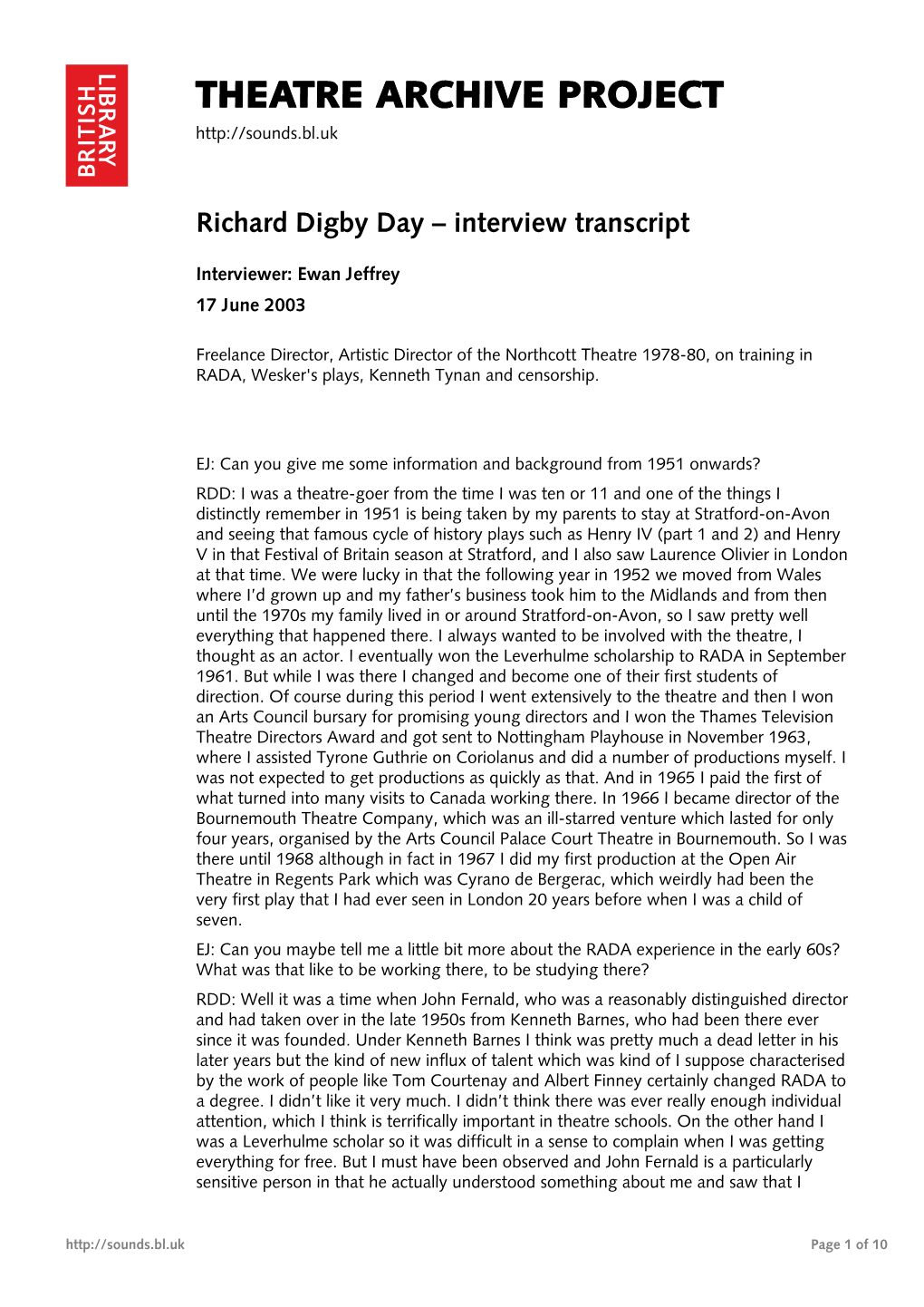Theatre Archive Project: Interview with Richard Digby