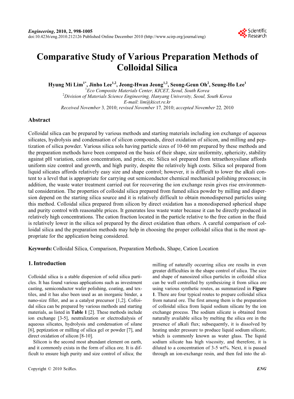 Comparative Study of Various Preparation Methods of Colloidal Silica