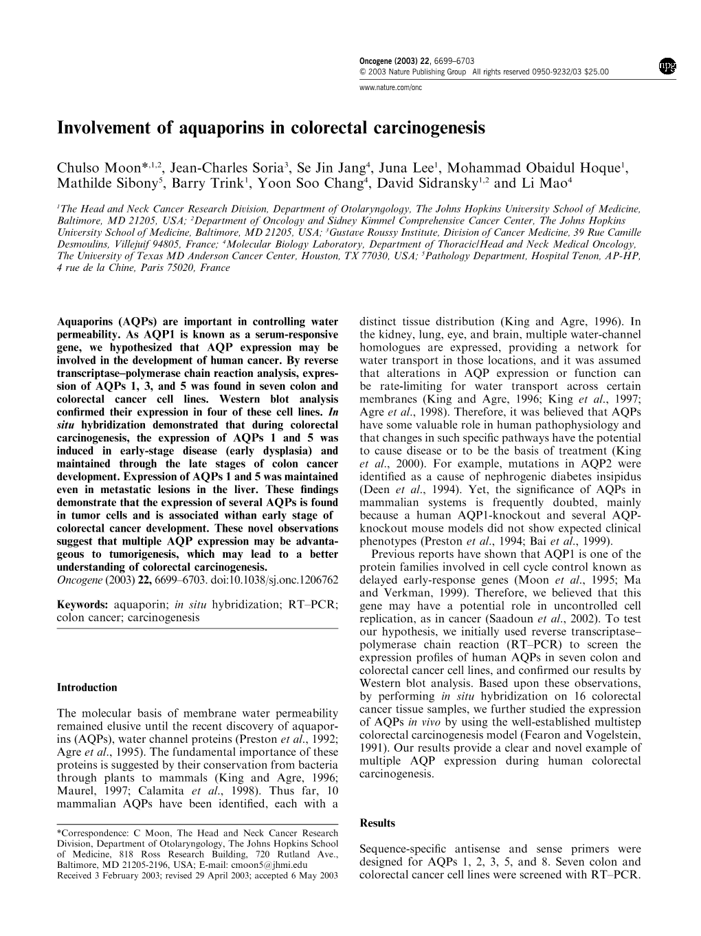 Involvement of Aquaporins in Colorectal Carcinogenesis