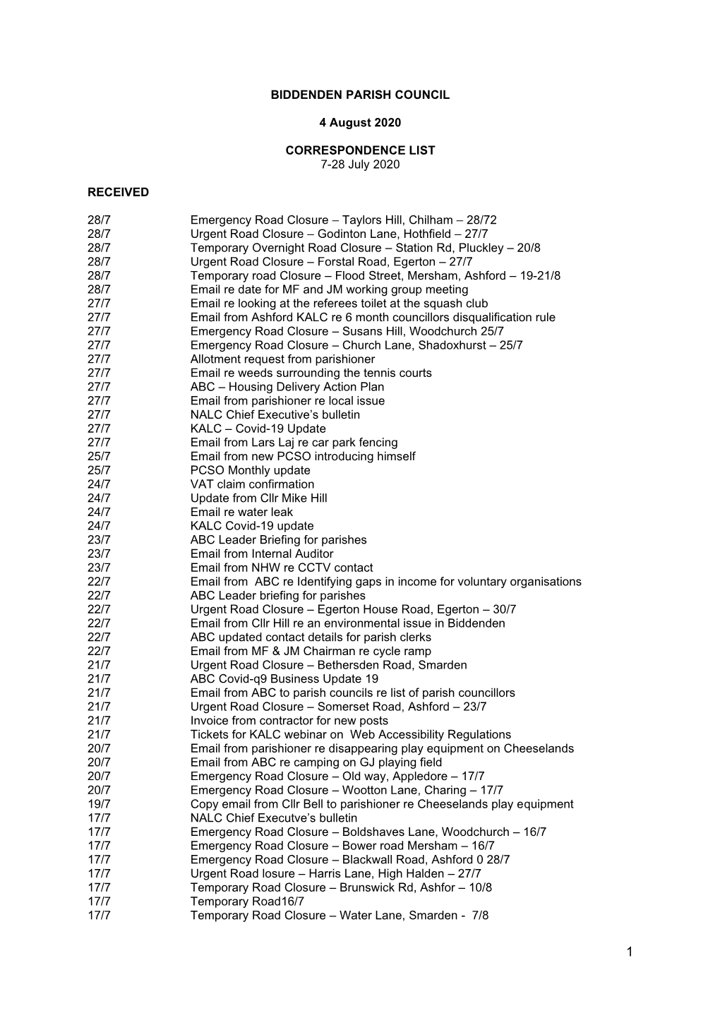 BIDDENDEN PARISH COUNCIL 4 August 2020 CORRESPONDENCE