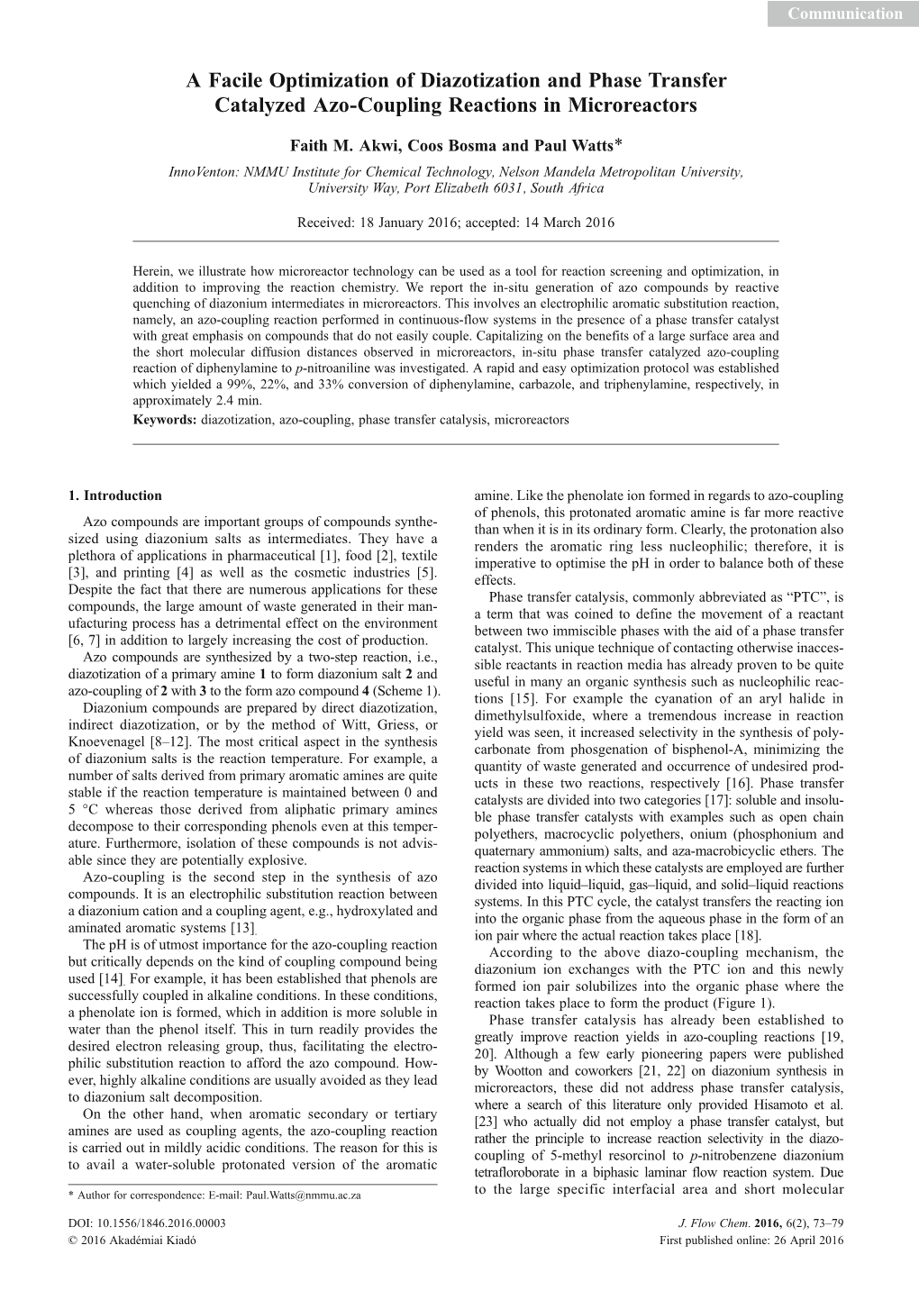 A Facile Optimization of Diazotization and Phase Transfer Catalyzed Azo-Coupling Reactions in Microreactors