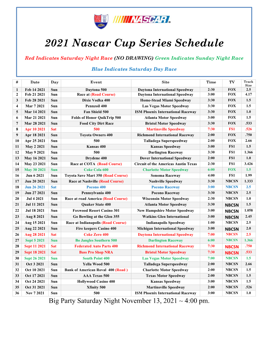 2021 Nascar Cup Series Schedule