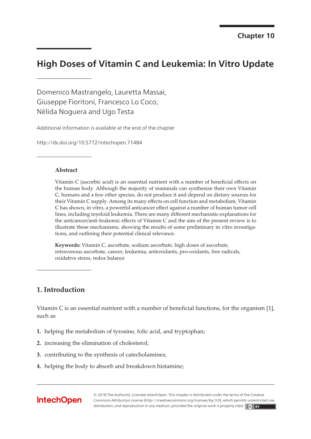 High Doses of Vitamin C and Leukemia: in Vitro Update High Doses of Vitamin C and Leukemia: in Vitro Update