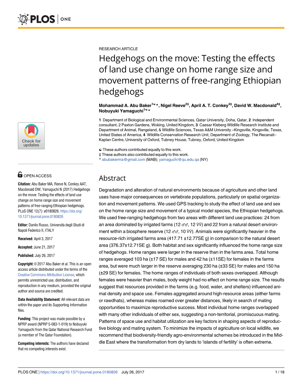 Hedgehogs on the Move: Testing the Effects of Land Use Change on Home Range Size and Movement Patterns of Free-Ranging Ethiopian Hedgehogs