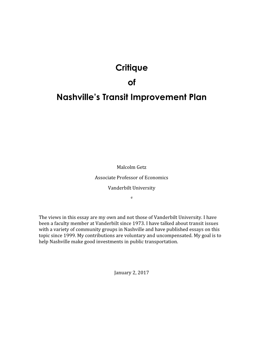 Critique of Nashville's Transit Improvement Plan