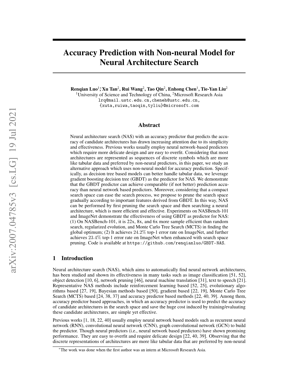 Accuracy Prediction with Non-Neural Model for Neural Architecture Search
