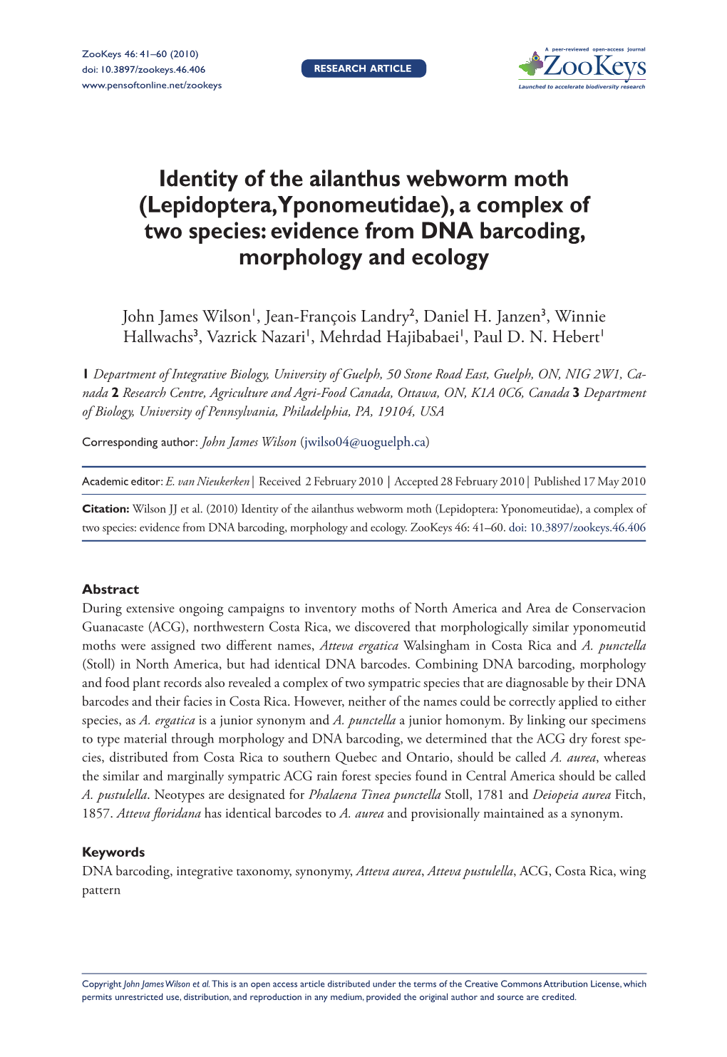 Identity of the Ailanthus Webworm Moth (Lepidoptera, Yponomeutidae), a Complex of Two Species: Evidence from DNA Barcoding, Morphology and Ecology