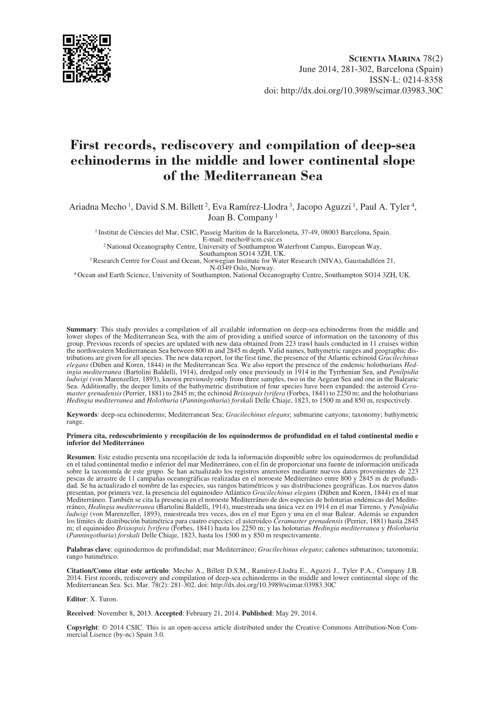 First Records, Rediscovery and Compilation of Deep-Sea Echinoderms in the Middle and Lower Continental Slope of the Mediterranean Sea