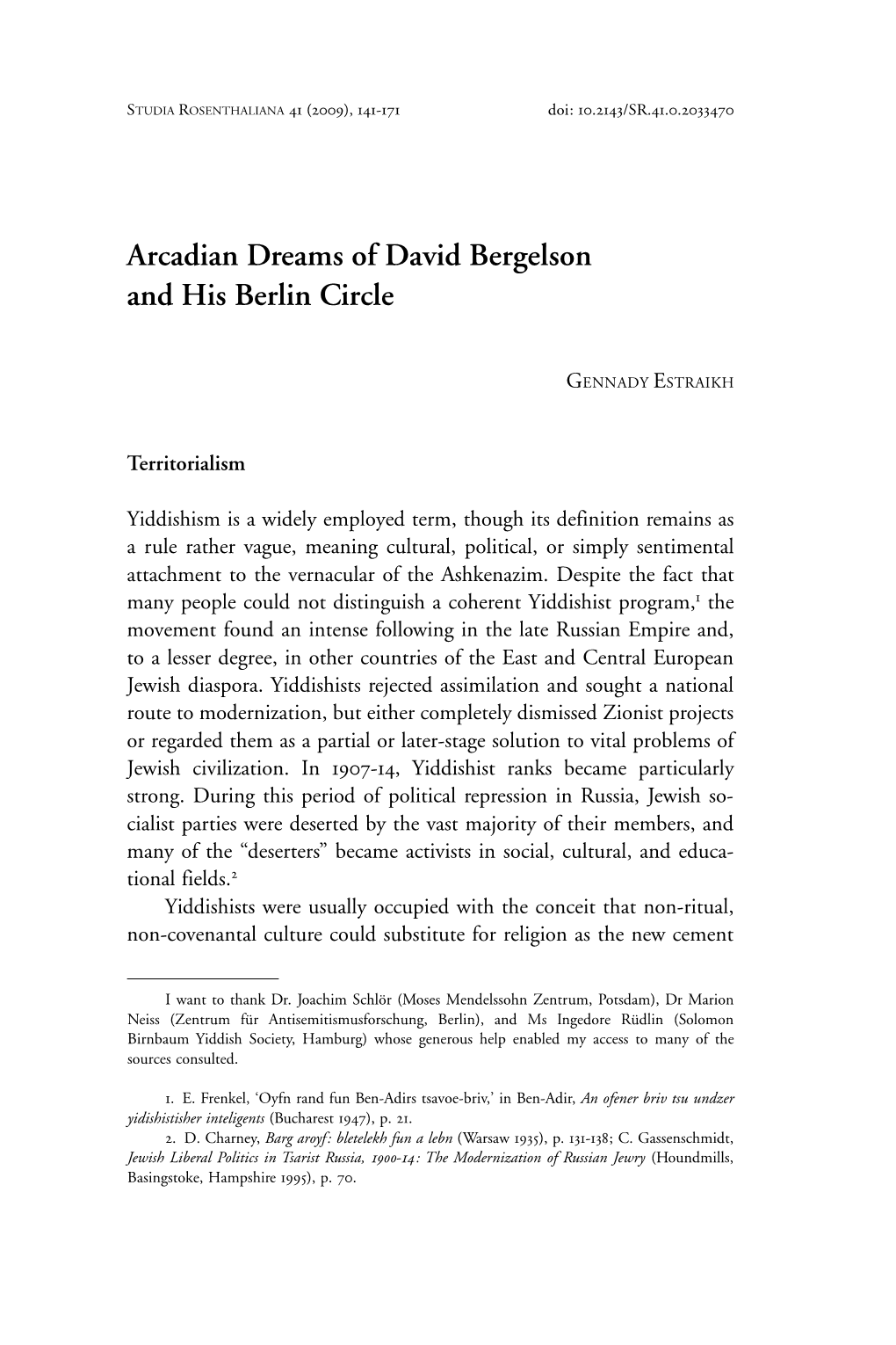 Arcadian Dreams of David Bergelson and His Berlin Circle