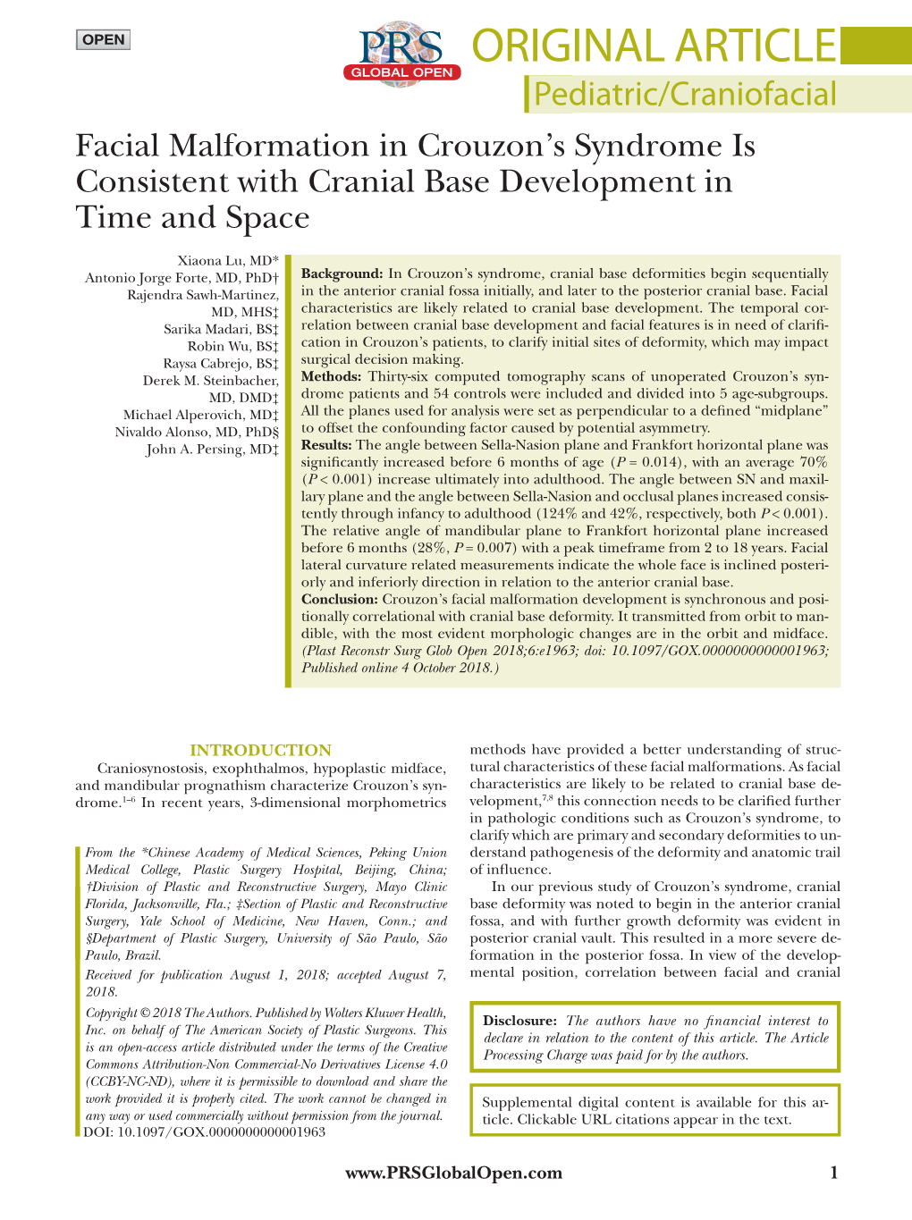 Original Article Pediatric/Craniofacial Facial Malformation in Crouzon’S Syndrome Is Consistent with Cranial Base Development in Time and Space