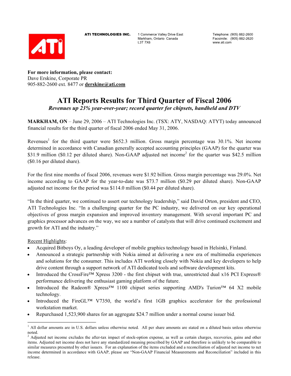 ATI Reports Results for Third Quarter of Fiscal 2006 Revenues up 23% Year-Over-Year; Record Quarter for Chipsets, Handheld and DTV