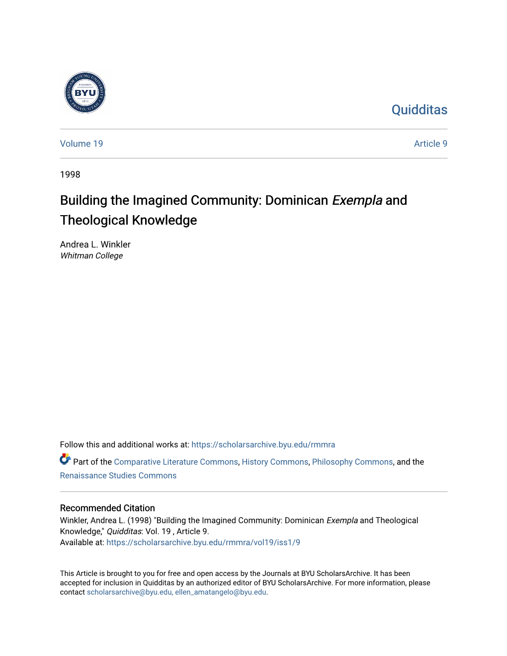 Building the Imagined Community: Dominican <I>Exempla</I> And