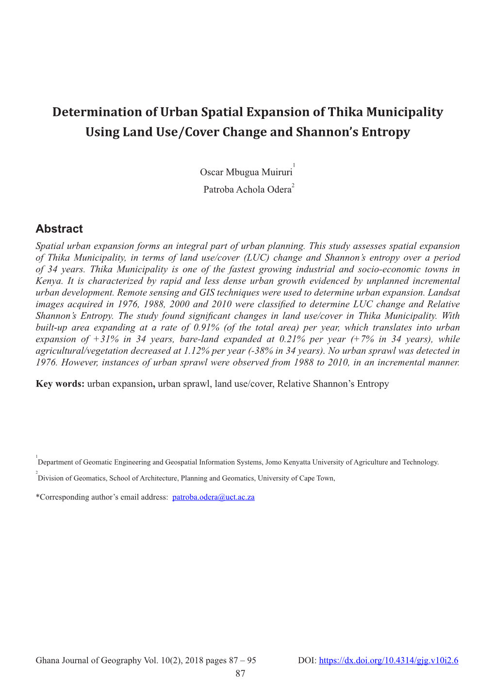 Determination of Urban Spatial Expansion of Thika Municipality Using Land Use/Cover Change and Shannon’S Entropy