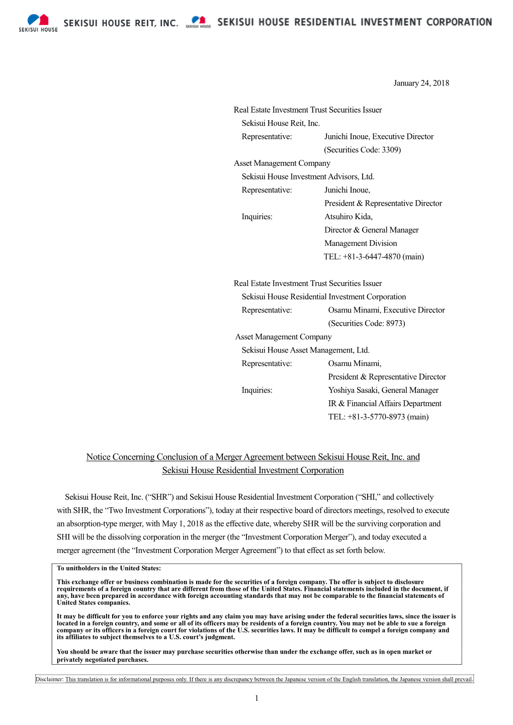 Notice Concerning Conclusion of a Merger Agreement Between Sekisui House Reit, Inc