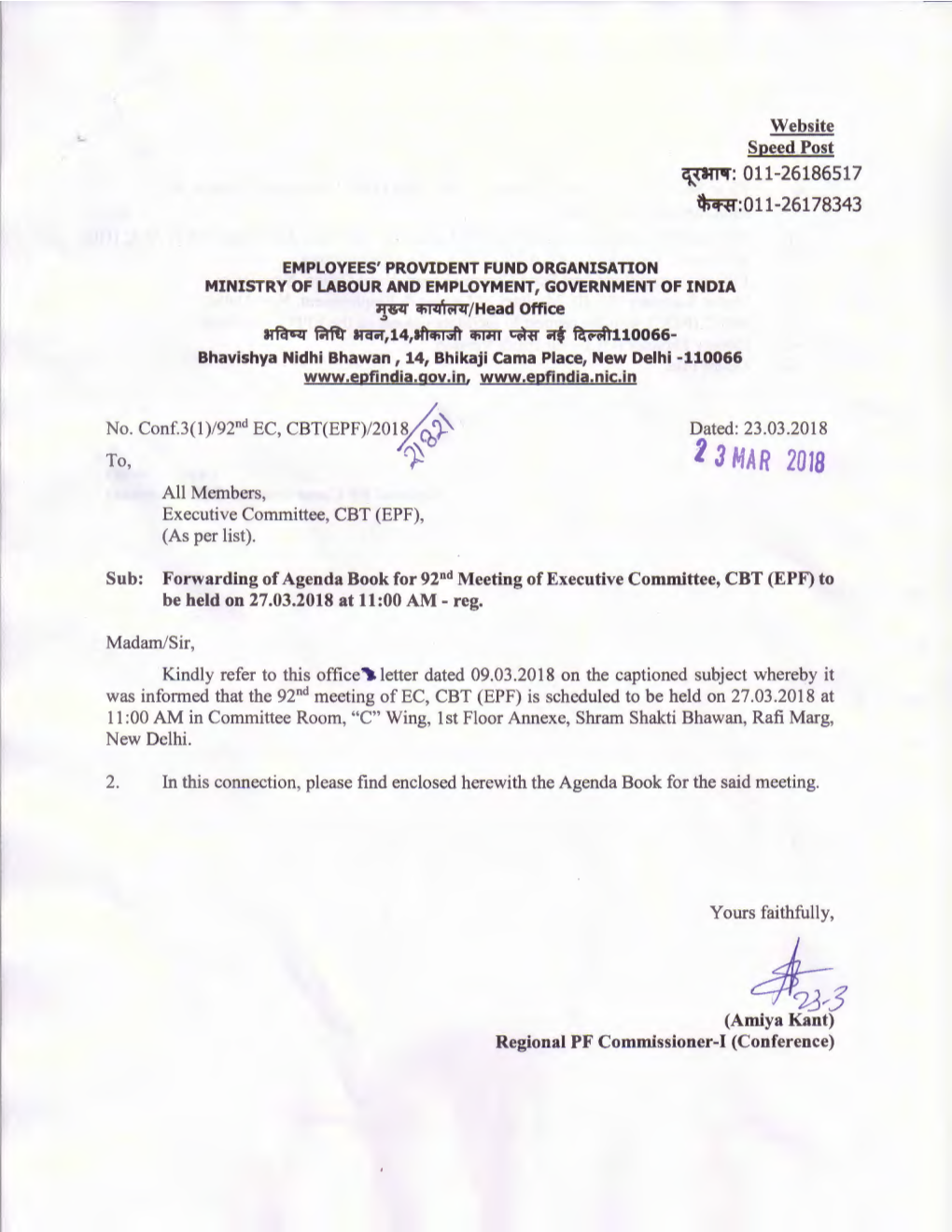 2 3 MAR 2018 All Members, Executive Committee, CBT (EPF), (As Per List)
