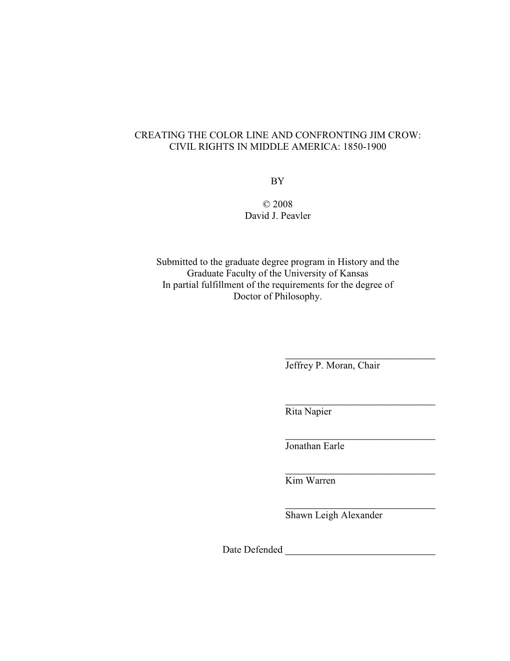 Creating the Color Line and Confronting Jim Crow: Civil Rights in Middle America: 1850-1900