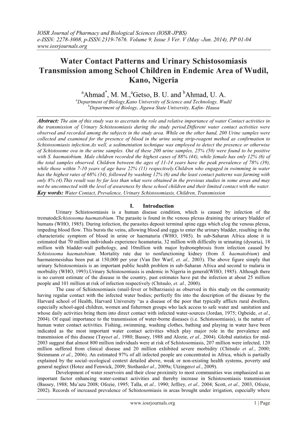 Water Contact Patterns and Urinary Schistosomiasis Transmission Among School Children in Endemic Area of Wudil, Kano, Nigeria