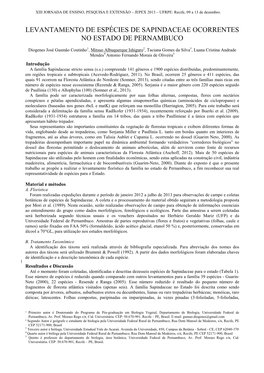 Levantamento De Espécies De Sapindaceae Ocorrentes No Estado De Pernambuco