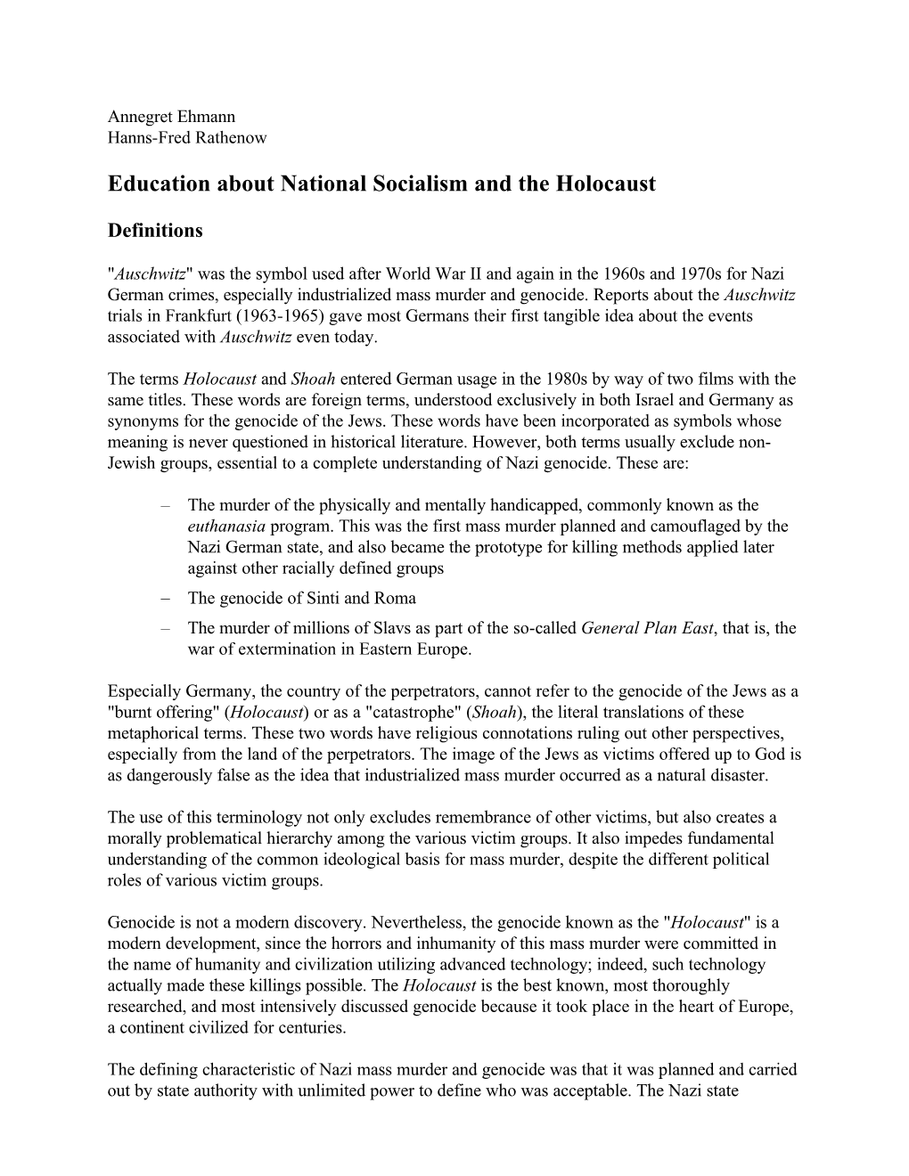 Education About National Socialism and the Holocaust