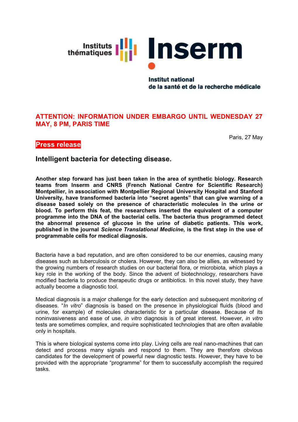 Press Release Intelligent Bacteria for Detecting Disease