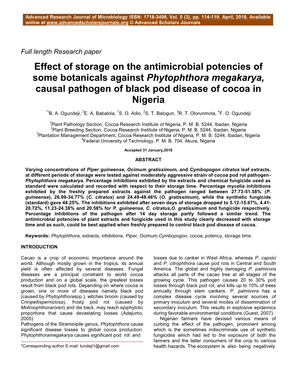 Effect of Storage on the Antimicrobial Potencies of Some Botanicals Against Phytophthora Megakarya, Causal Pathogen of Black Pod Disease of Cocoa in Nigeria