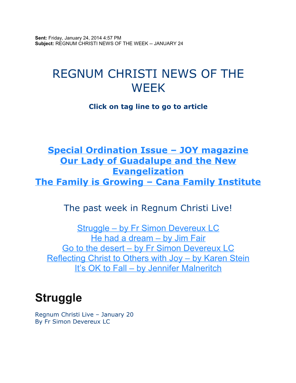 Subject: REGNUM CHRISTI NEWS of the WEEK JANUARY 24