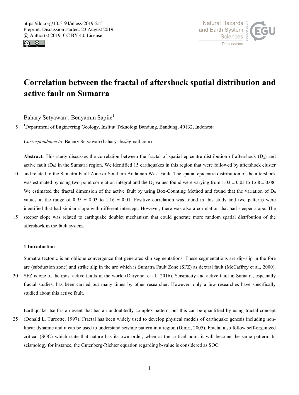 Correlation Between the Fractal of Aftershock Spatial Distribution and Active Fault on Sumatra