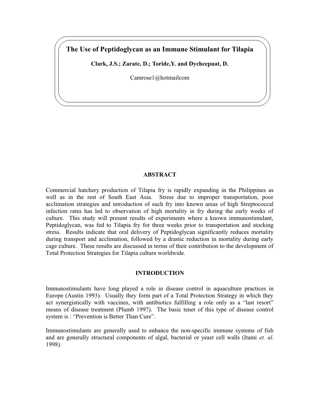 The Use of Peptidoglycan As an Immune Stimulant for Tilapia