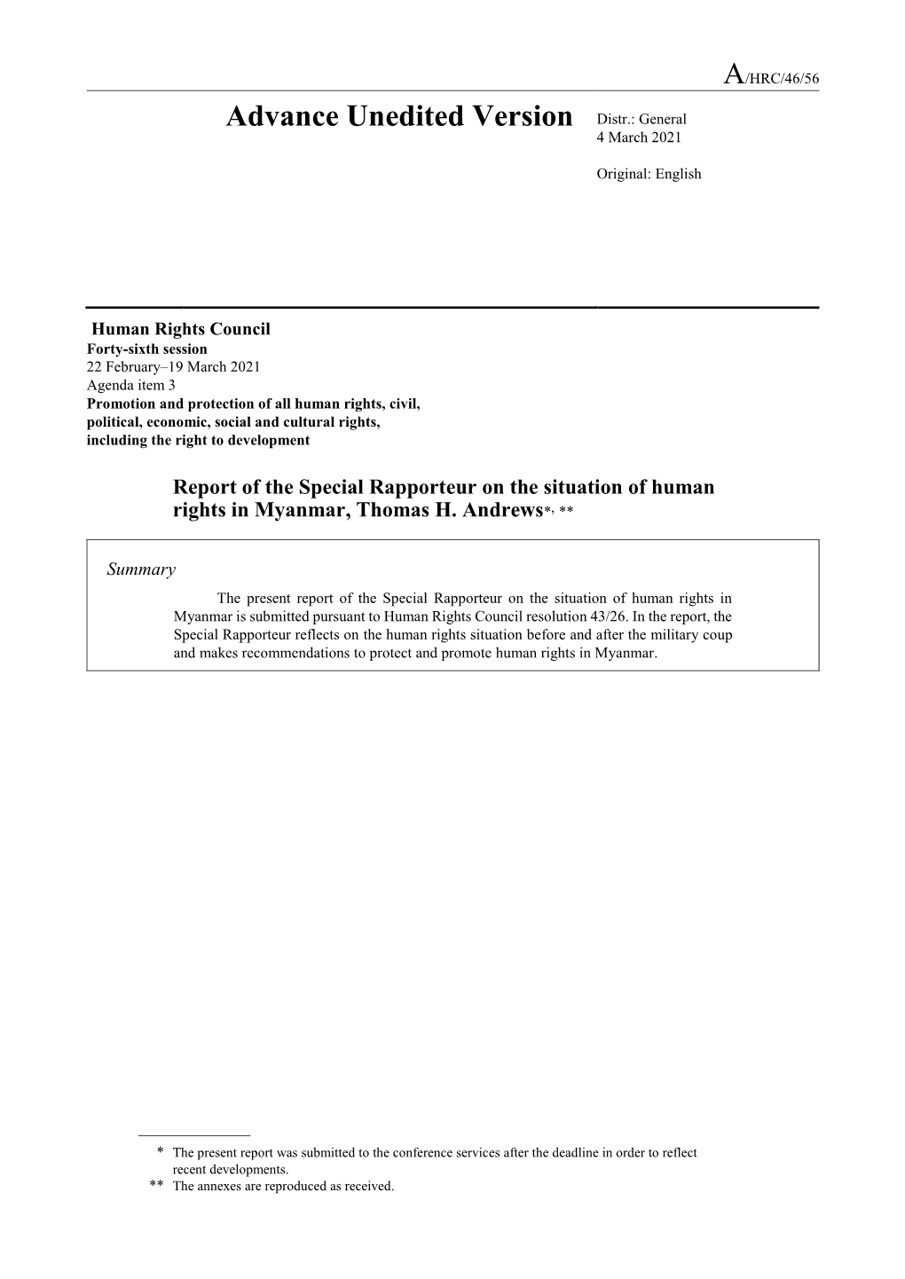 Special Rapporteur on the Situation of Human Rights in Myanmar, Thomas H