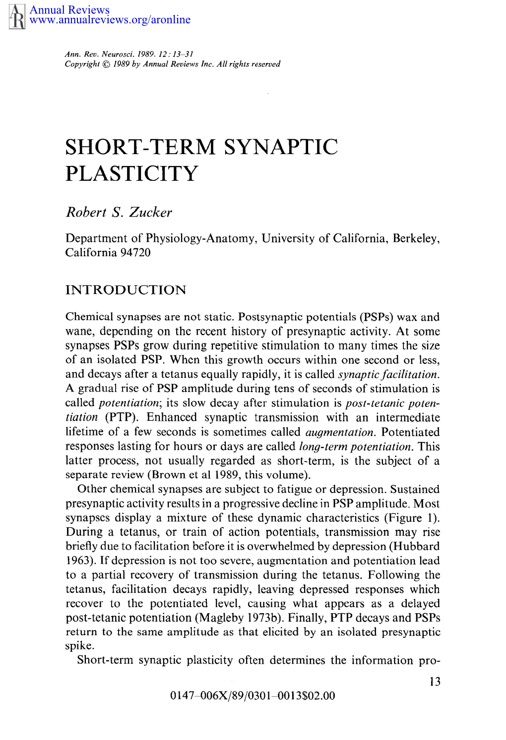 Short-Term Synaptic Plasticity