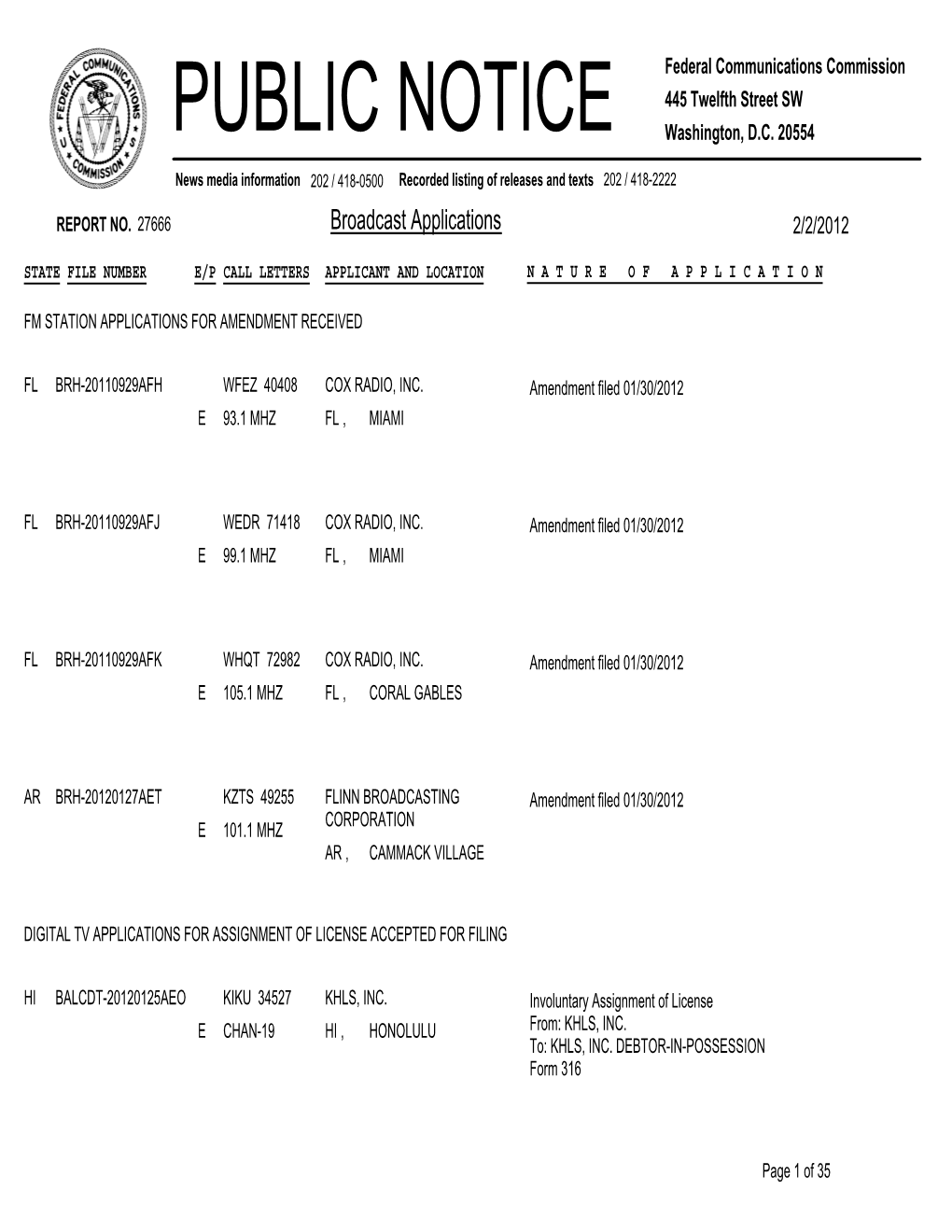 Broadcast Applications 2/2/2012