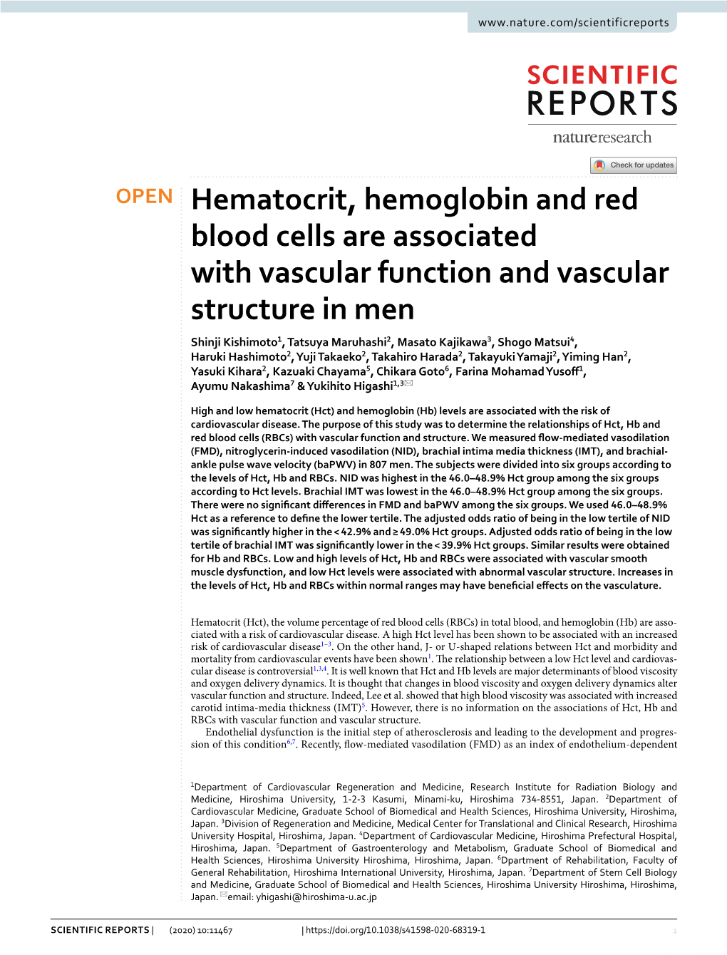 Hematocrit, Hemoglobin and Red Blood Cells Are Associated with Vascular