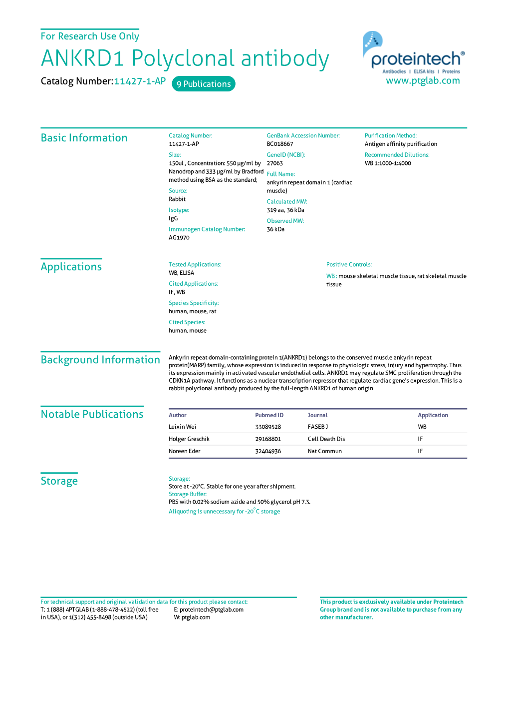 ANKRD1 Polyclonal Antibody Catalog Number:11427-1-AP 9 Publications