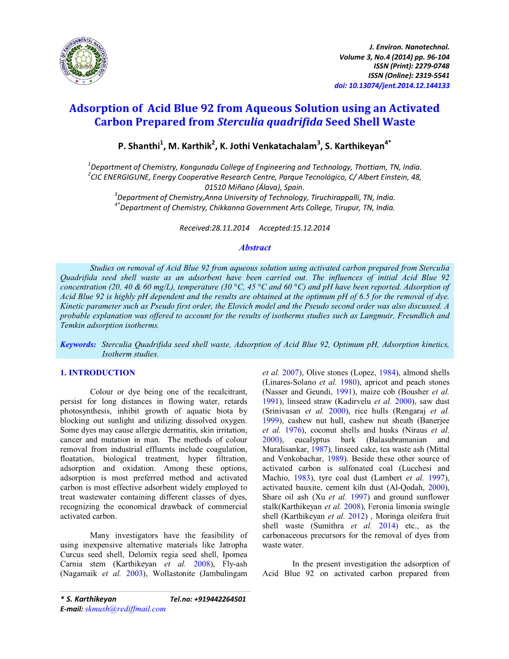 Adsorption of Acid Blue 92 from Aqueous Solution Using an Activated Carbon Prepared from Sterculia Quadrifida Seed Shell Waste