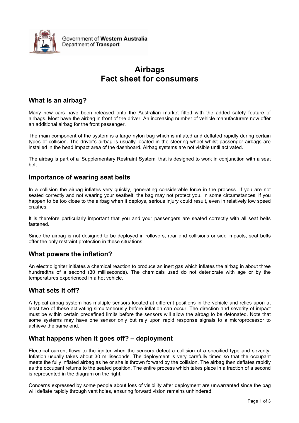 Airbags Fact Sheet for Consumers