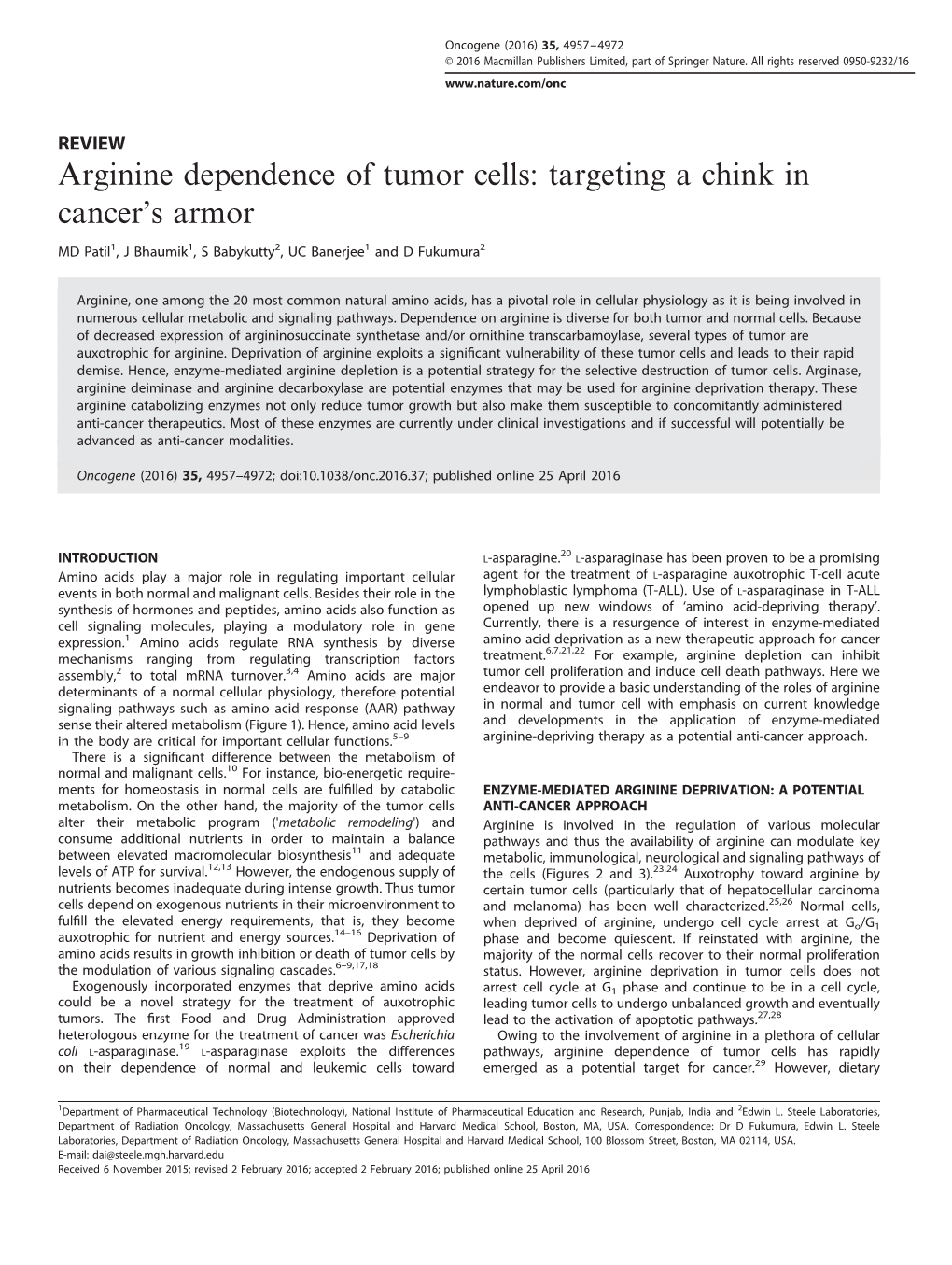 Arginine Dependence of Tumor Cells: Targeting a Chink in Cancer's Armor